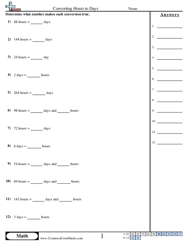Converting Hours to Days worksheet